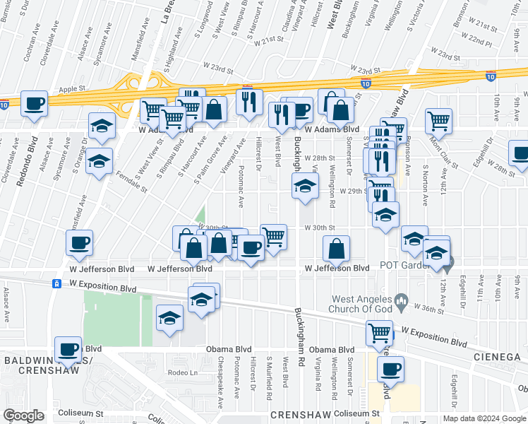map of restaurants, bars, coffee shops, grocery stores, and more near 2934 Hillcrest Drive in Los Angeles