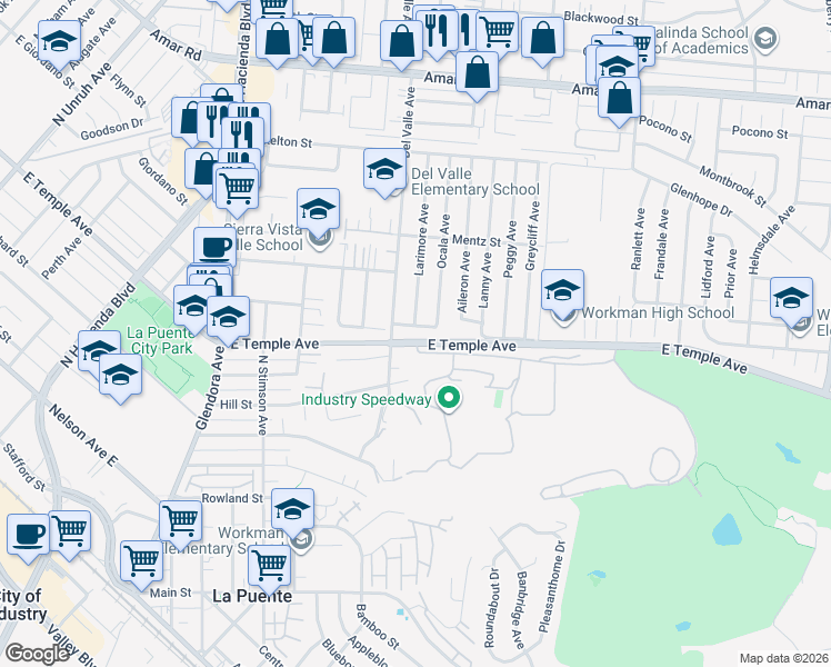 map of restaurants, bars, coffee shops, grocery stores, and more near 629 Larimore Avenue in La Puente
