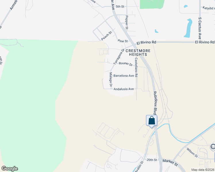 map of restaurants, bars, coffee shops, grocery stores, and more near 1333 Malaga Drive in Riverside