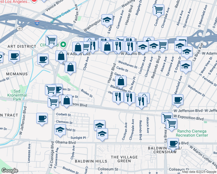 map of restaurants, bars, coffee shops, grocery stores, and more near 5468 Blackwelder Street in Los Angeles