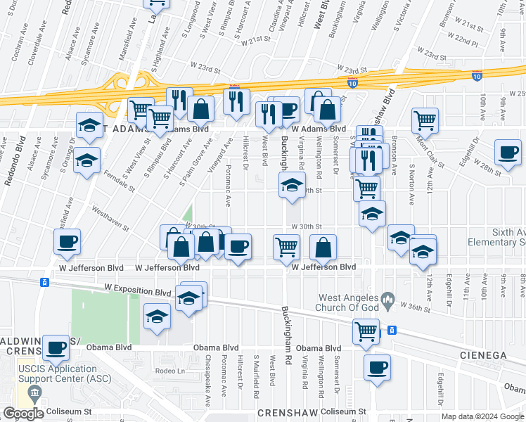 map of restaurants, bars, coffee shops, grocery stores, and more near 2935 West Boulevard in Los Angeles