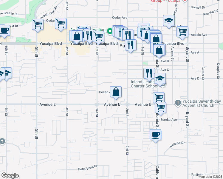 map of restaurants, bars, coffee shops, grocery stores, and more near 34790 Pecan Avenue in Yucaipa