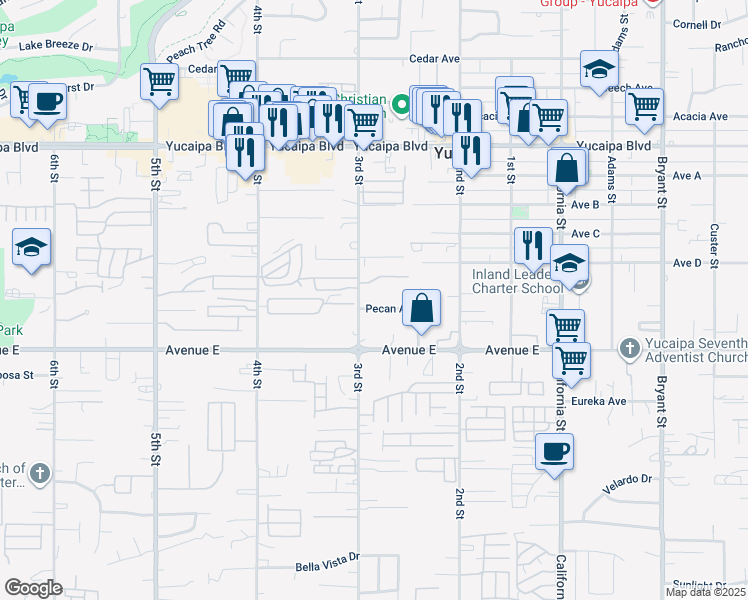 map of restaurants, bars, coffee shops, grocery stores, and more near 12367 3rd Street in Yucaipa