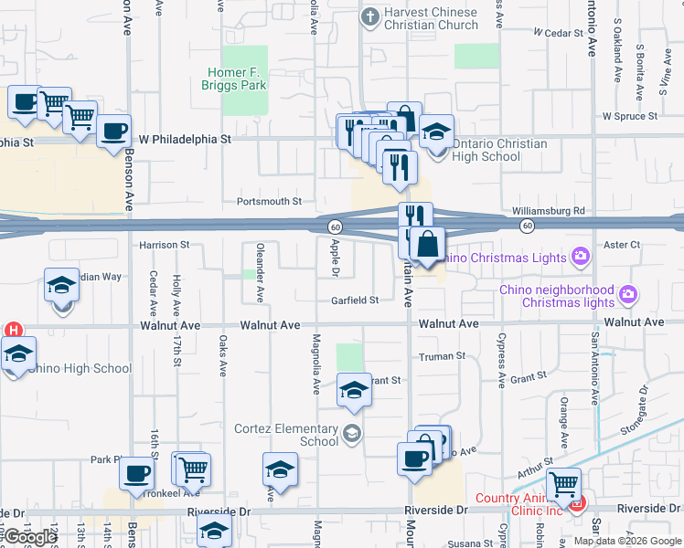 map of restaurants, bars, coffee shops, grocery stores, and more near 12364 Aralia Drive in Chino