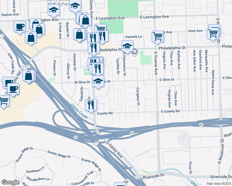 map of restaurants, bars, coffee shops, grocery stores, and more near 361 Orchid Lane in Pomona