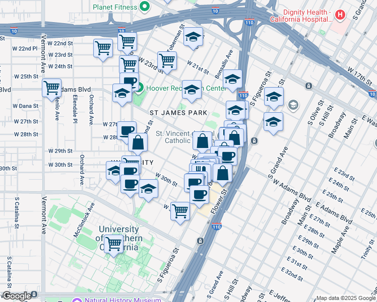 map of restaurants, bars, coffee shops, grocery stores, and more near 741 West 27th Street in Los Angeles