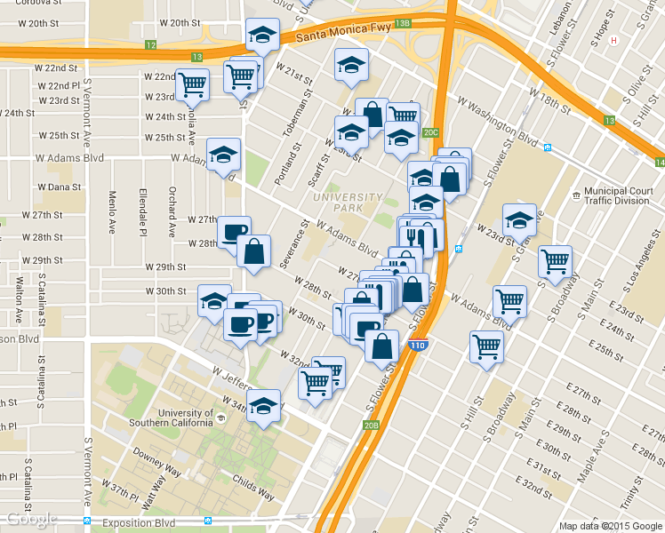 map of restaurants, bars, coffee shops, grocery stores, and more near 741 West 27th Street in Los Angeles