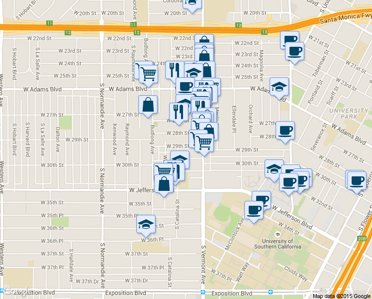 map of restaurants, bars, coffee shops, grocery stores, and more near 1447 West 29th Street in Los Angeles