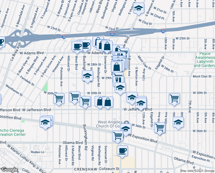 map of restaurants, bars, coffee shops, grocery stores, and more near 2913 South Victoria Avenue in Los Angeles