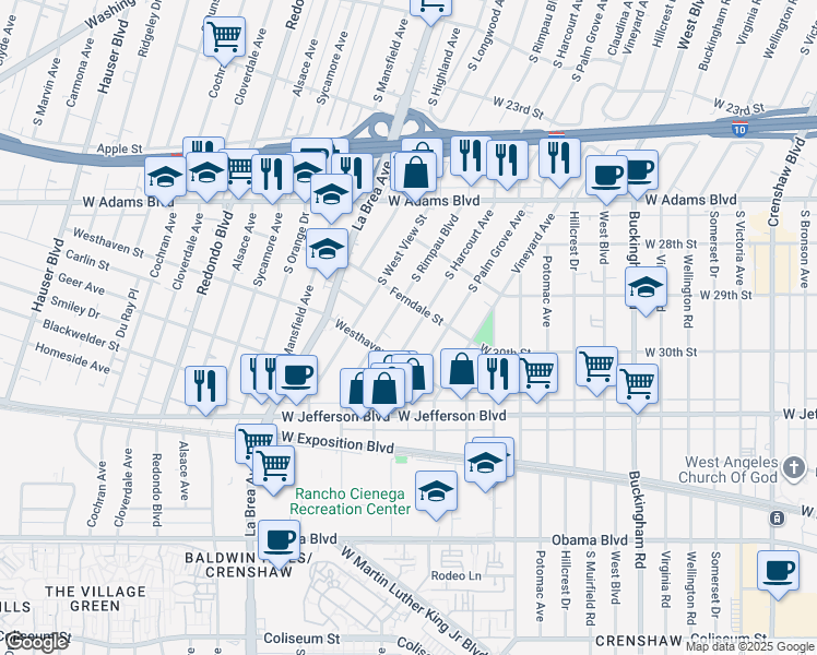 map of restaurants, bars, coffee shops, grocery stores, and more near 2815 South Rimpau Boulevard in Los Angeles