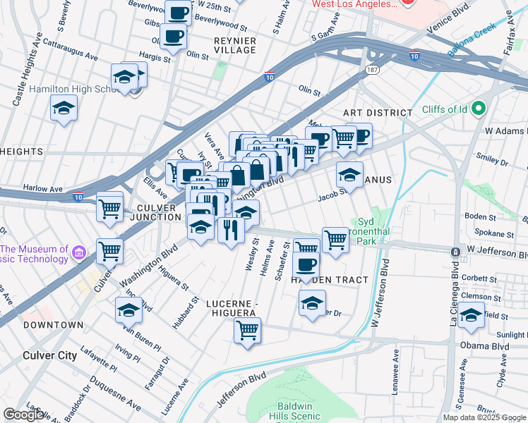 map of restaurants, bars, coffee shops, grocery stores, and more near 8740 Washington Boulevard in Culver City
