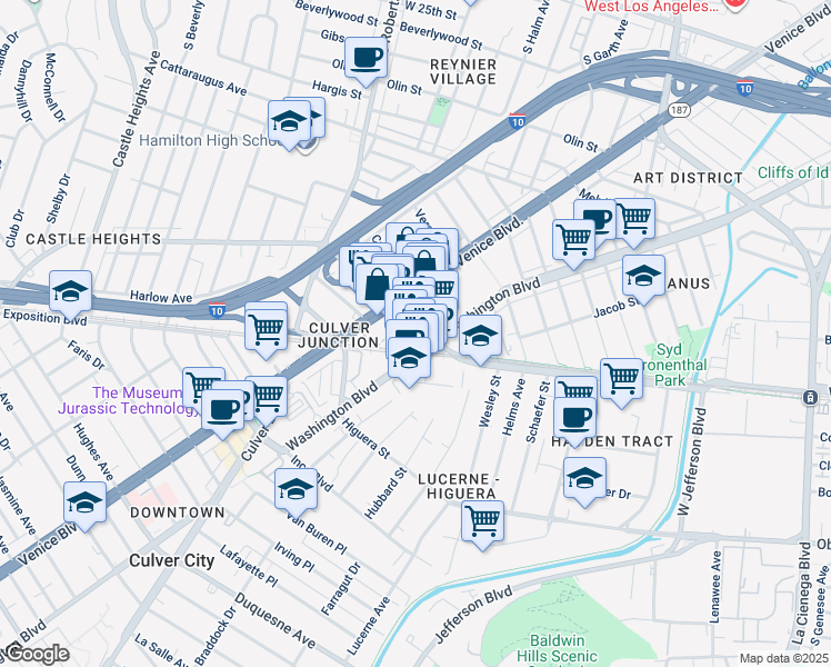 map of restaurants, bars, coffee shops, grocery stores, and more near 8908 Venice Boulevard in Culver City