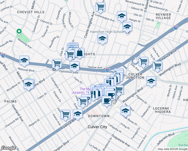 map of restaurants, bars, coffee shops, grocery stores, and more near 3602 Cardiff Avenue in Los Angeles