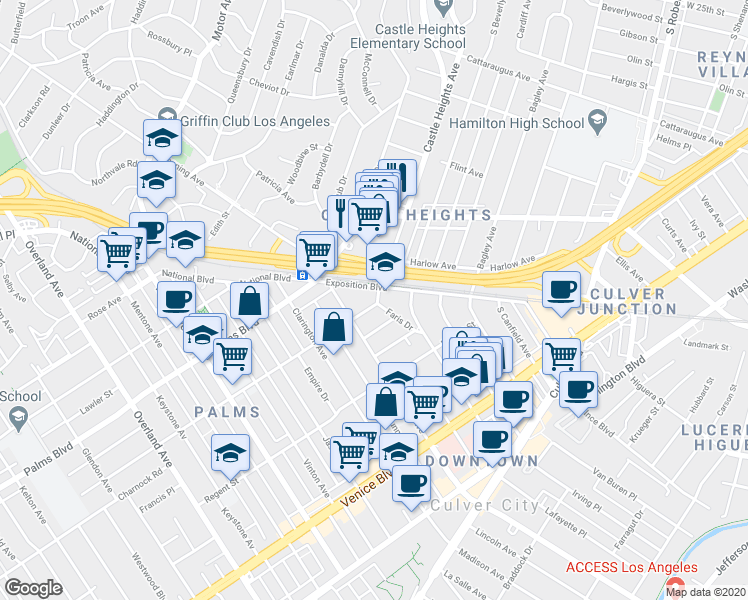 map of restaurants, bars, coffee shops, grocery stores, and more near 9801 Tabor Street in Los Angeles