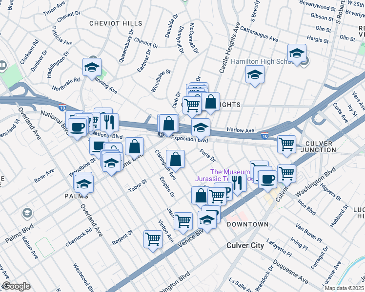 map of restaurants, bars, coffee shops, grocery stores, and more near 9850 Exposition Boulevard in Los Angeles