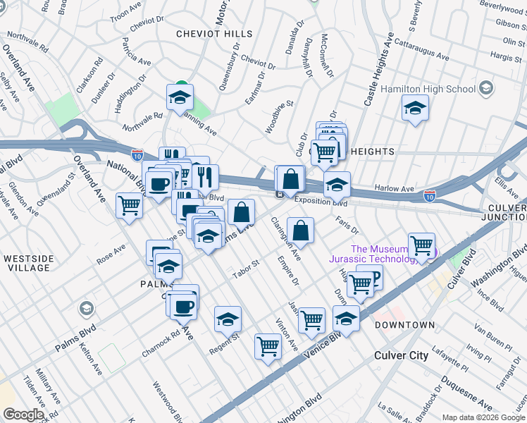 map of restaurants, bars, coffee shops, grocery stores, and more near 3475 Clarington Avenue in Los Angeles