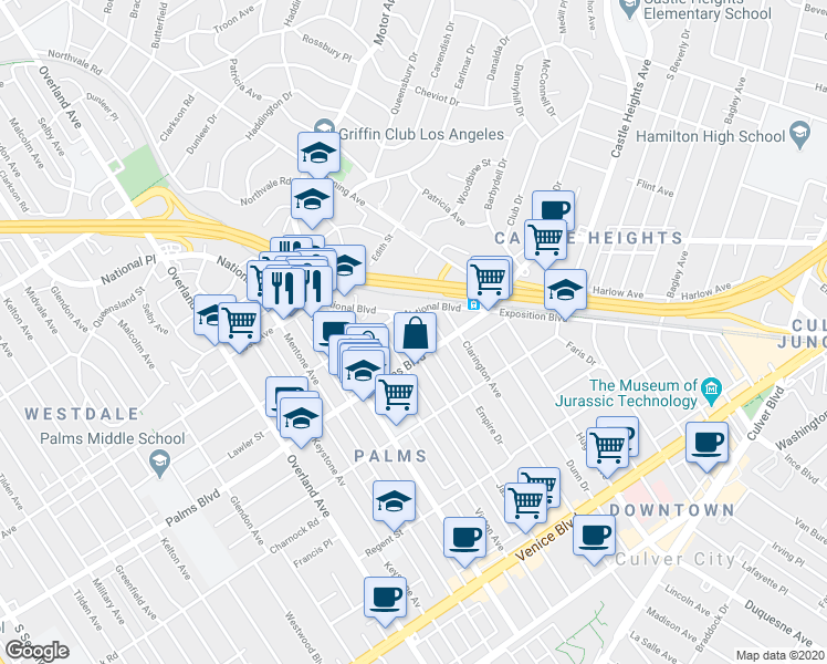 map of restaurants, bars, coffee shops, grocery stores, and more near 10150 National Boulevard in Los Angeles