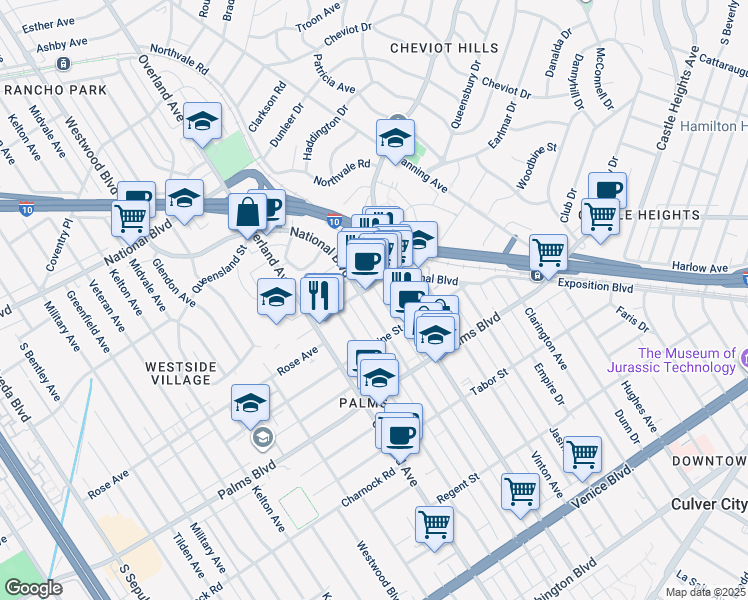 map of restaurants, bars, coffee shops, grocery stores, and more near 10433 National Boulevard in Los Angeles