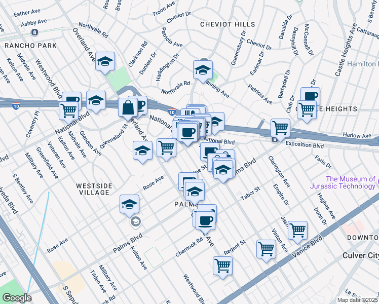 map of restaurants, bars, coffee shops, grocery stores, and more near 10433 National Boulevard in Los Angeles