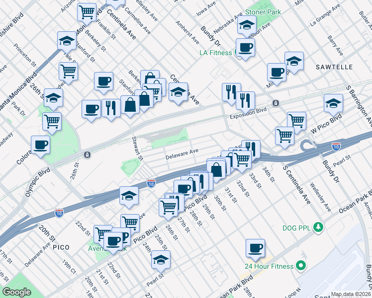 map of restaurants, bars, coffee shops, grocery stores, and more near 2909 Exposition Boulevard in Santa Monica