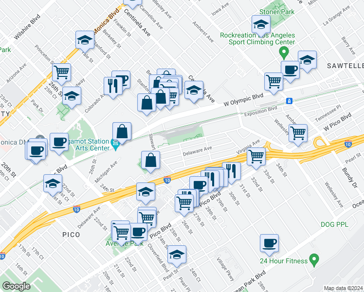 map of restaurants, bars, coffee shops, grocery stores, and more near 2908 Exposition Boulevard in Santa Monica