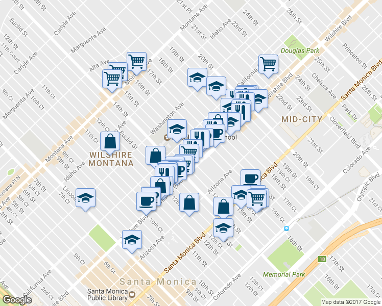 map of restaurants, bars, coffee shops, grocery stores, and more near 1128 16th Street in Santa Monica
