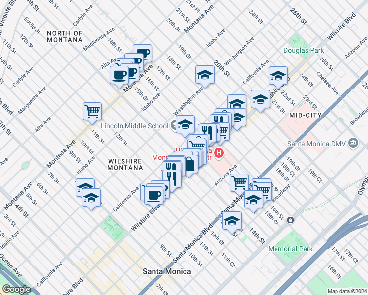map of restaurants, bars, coffee shops, grocery stores, and more near 1504 California Avenue in Santa Monica