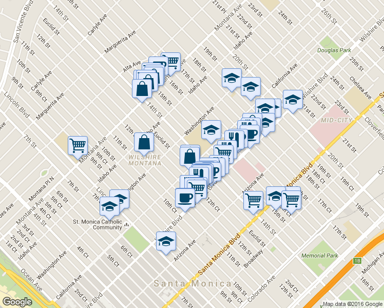map of restaurants, bars, coffee shops, grocery stores, and more near 1501 California Avenue in Santa Monica
