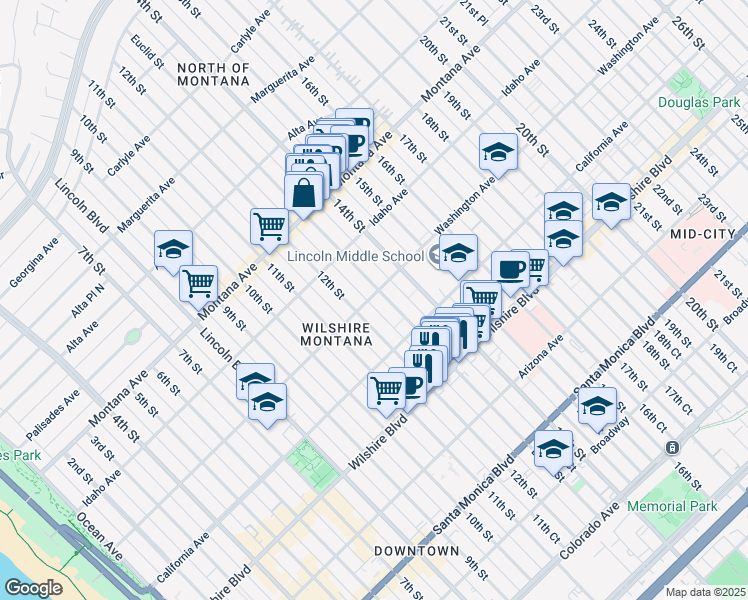 map of restaurants, bars, coffee shops, grocery stores, and more near 1314 Washington Avenue in Santa Monica