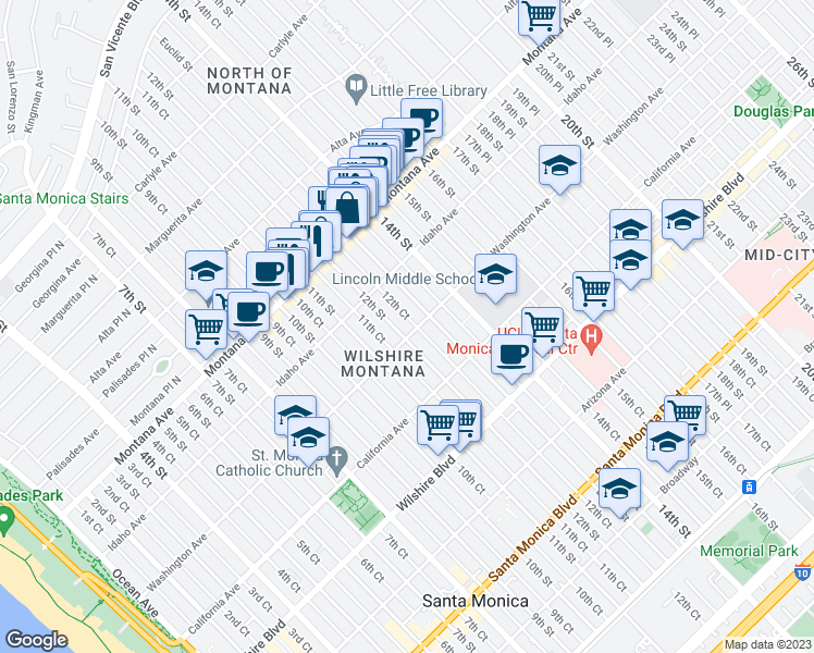 map of restaurants, bars, coffee shops, grocery stores, and more near 930 12th Court in Santa Monica