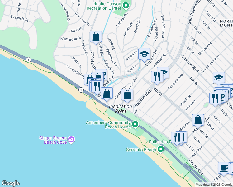 map of restaurants, bars, coffee shops, grocery stores, and more near 168 Ocean Way in Santa Monica