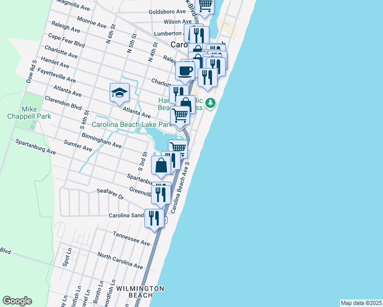 map of restaurants, bars, coffee shops, grocery stores, and more near 503 Lake Park Boulevard South in Carolina Beach