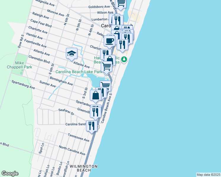 map of restaurants, bars, coffee shops, grocery stores, and more near 600 Carolina Beach Avenue South in Carolina Beach