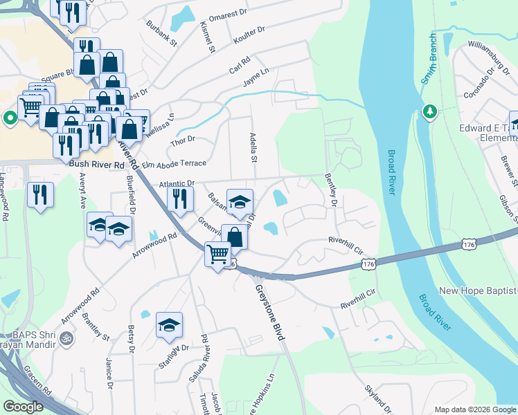 map of restaurants, bars, coffee shops, grocery stores, and more near 7 Canal Court in Columbia