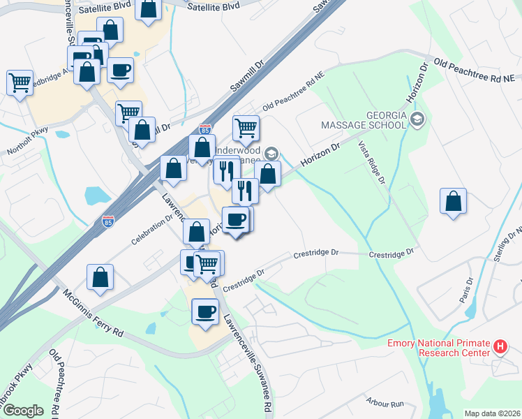 map of restaurants, bars, coffee shops, grocery stores, and more near 2940 Horizon Park Drive in Suwanee