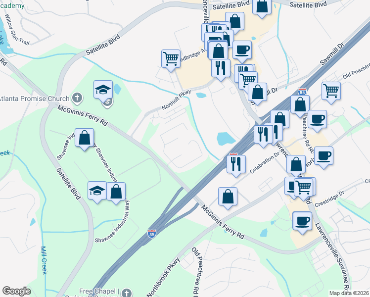 map of restaurants, bars, coffee shops, grocery stores, and more near 538 Summerbrooke Court in Suwanee