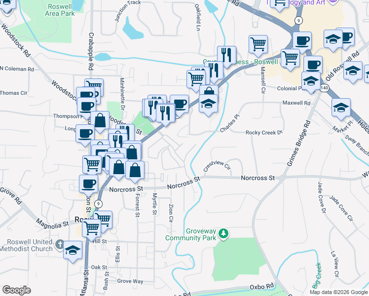 map of restaurants, bars, coffee shops, grocery stores, and more near 1803 Liberty Lane in Roswell