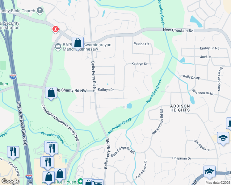 map of restaurants, bars, coffee shops, grocery stores, and more near 132 Kathryn Drive in Marietta