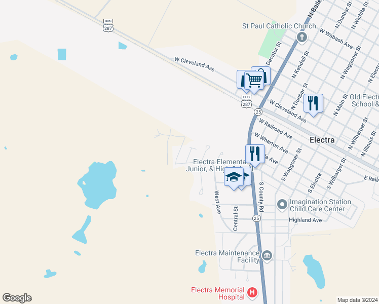 map of restaurants, bars, coffee shops, grocery stores, and more near 109 North Crescent Drive in Electra