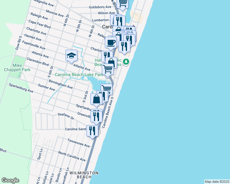 map of restaurants, bars, coffee shops, grocery stores, and more near 601 Carolina Beach Avenue South in Carolina Beach