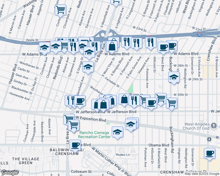 map of restaurants, bars, coffee shops, grocery stores, and more near 2815 South Rimpau Boulevard in Los Angeles