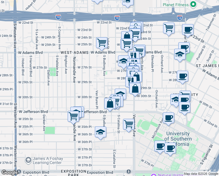 map of restaurants, bars, coffee shops, grocery stores, and more near 1495 West 29th Street in Los Angeles