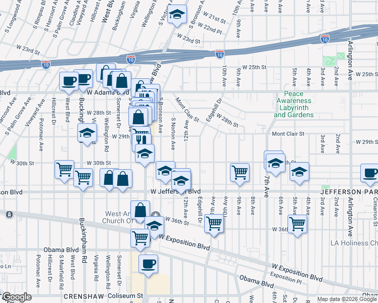 map of restaurants, bars, coffee shops, grocery stores, and more near 2917 12th Avenue in Los Angeles