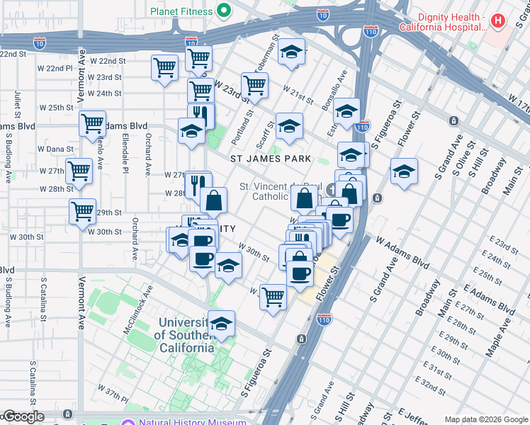 map of restaurants, bars, coffee shops, grocery stores, and more near 742 West 27th Street in Los Angeles