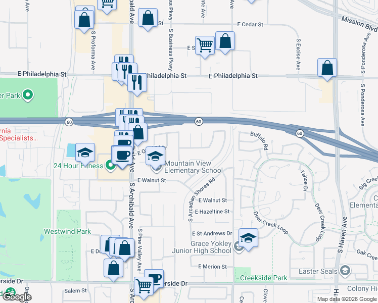 map of restaurants, bars, coffee shops, grocery stores, and more near 2908 East Oak Hill Drive in Ontario