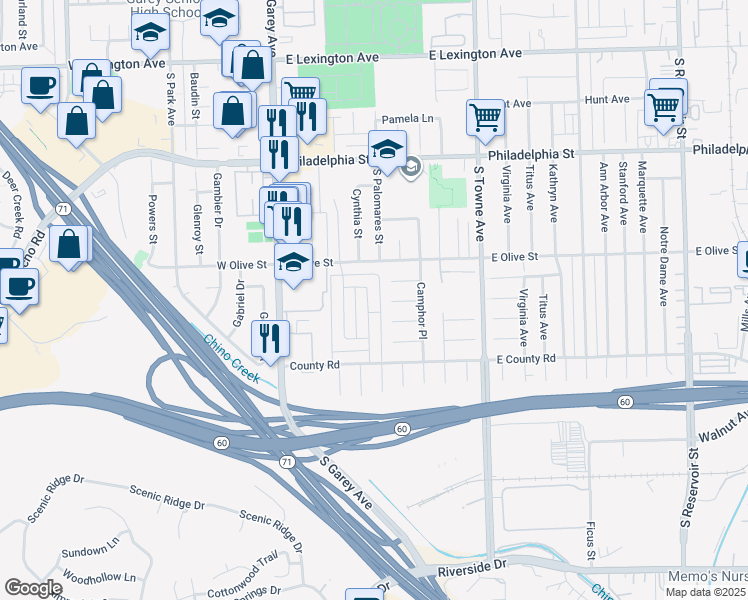 map of restaurants, bars, coffee shops, grocery stores, and more near 2404 Chanslor Street in Pomona