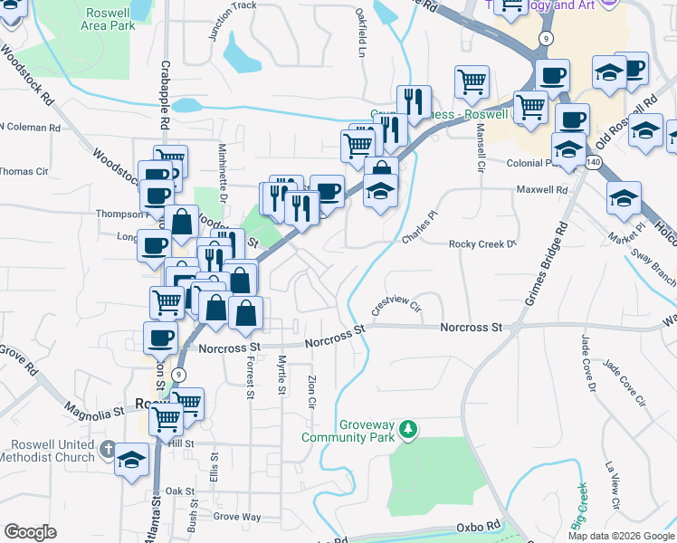 map of restaurants, bars, coffee shops, grocery stores, and more near 1803 Liberty Lane in Roswell