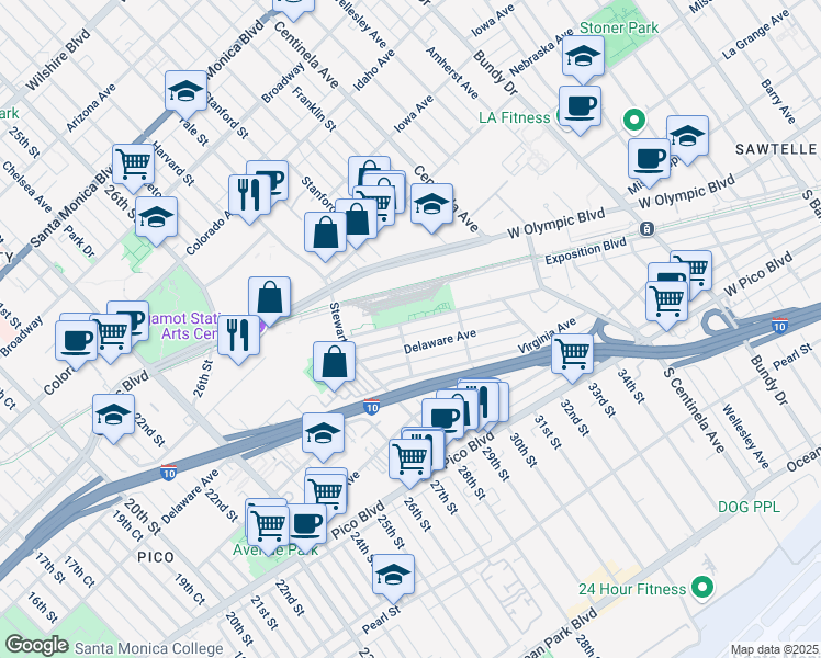 map of restaurants, bars, coffee shops, grocery stores, and more near 2908 Exposition Boulevard in Santa Monica