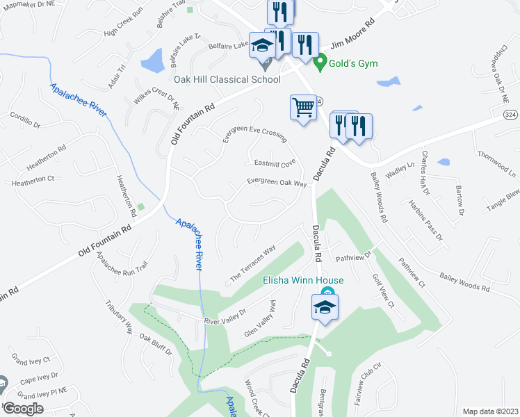 map of restaurants, bars, coffee shops, grocery stores, and more near 1072 Wildwood Wake Bend in Dacula