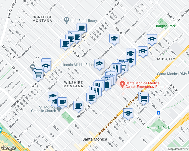 map of restaurants, bars, coffee shops, grocery stores, and more near 1044 14th Street in Santa Monica